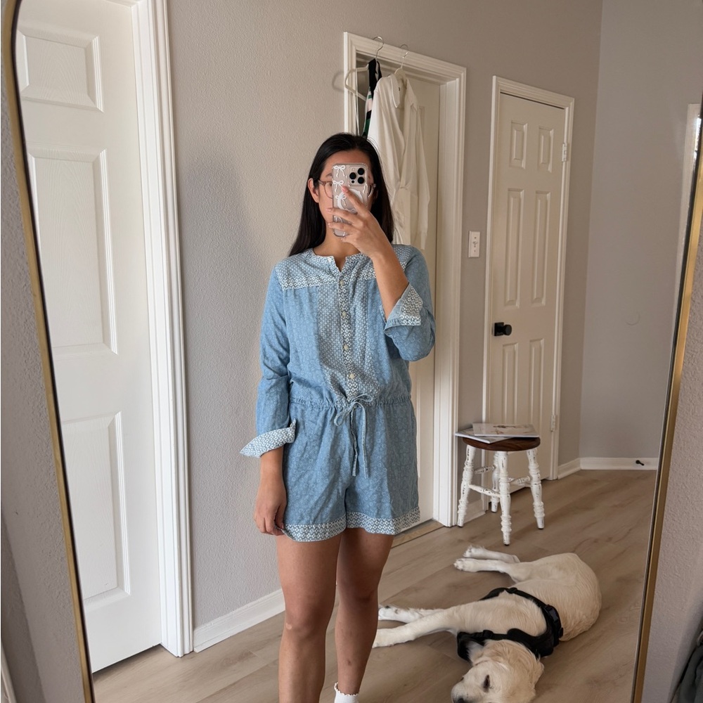 Blue Denim Romper with White Trim